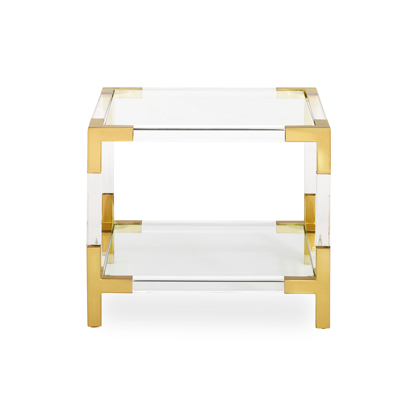 jacques two-tier accent table glass shelves brass clear acrylic frame - front view