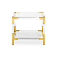 jacques two-tier accent table glass shelves brass clear acrylic frame - front view