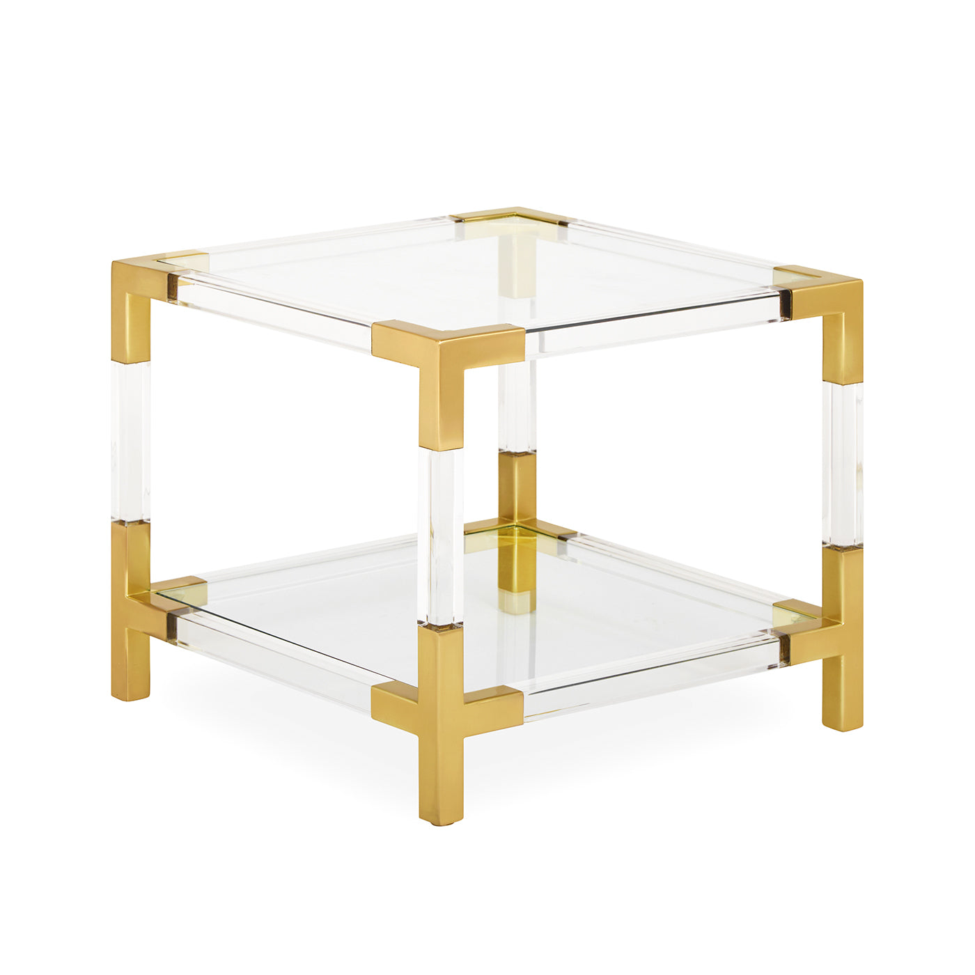 jacques two-tier accent table glass shelves brass clear acrylic frame - angle view