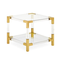 jacques two-tier accent table glass shelves brass clear acrylic frame - angle view