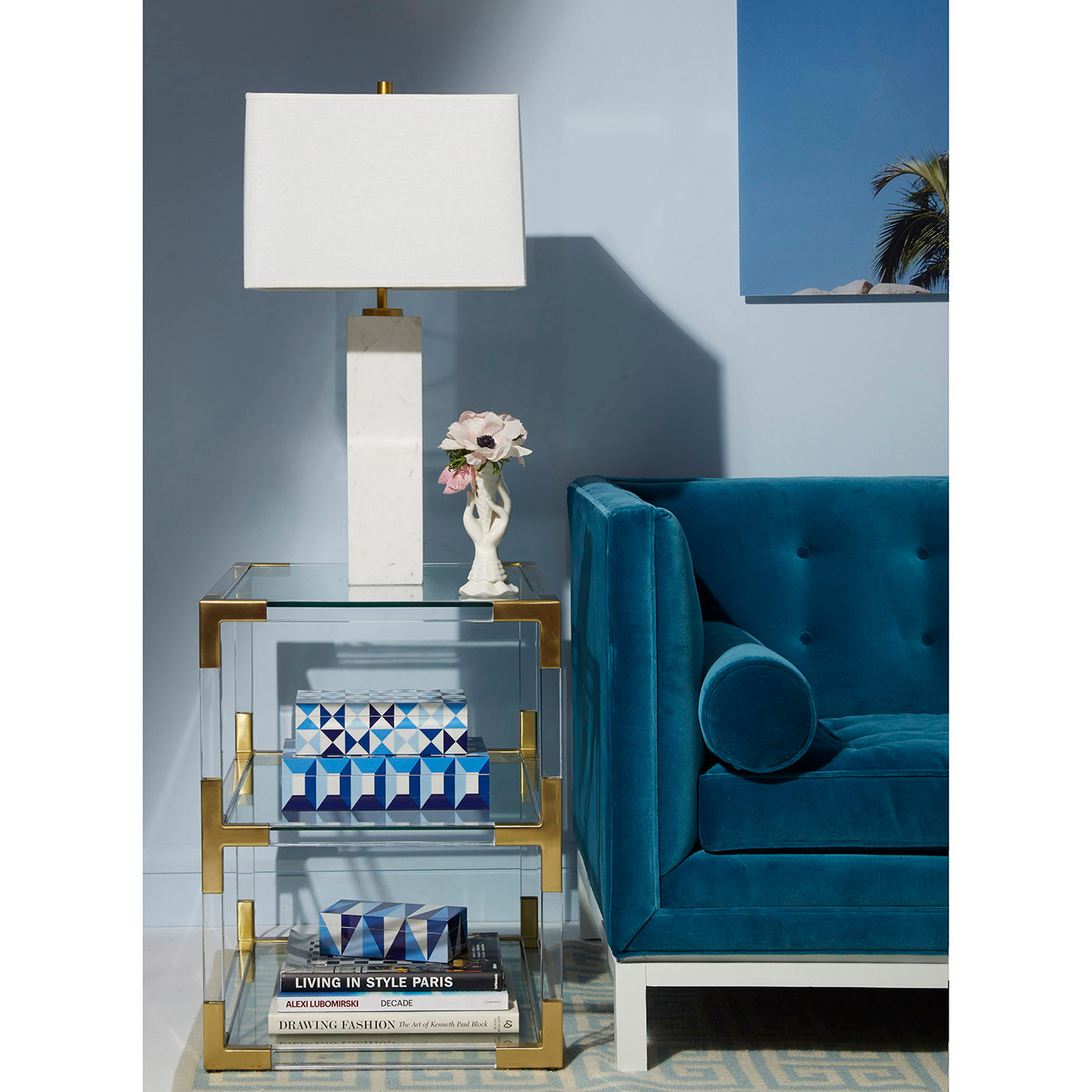 jacques two-tier side table canaan marble table lamp lampert sofa living room - styled view