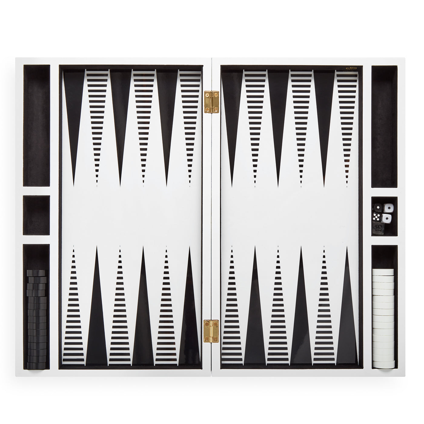 op art backgammon set lacquer black and white open - top view