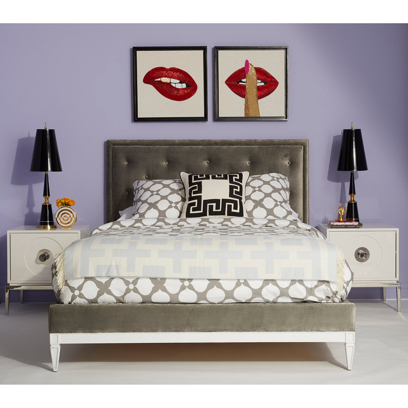 lampert king bed lips beaded wall art channing large end tables bedroom - styled view