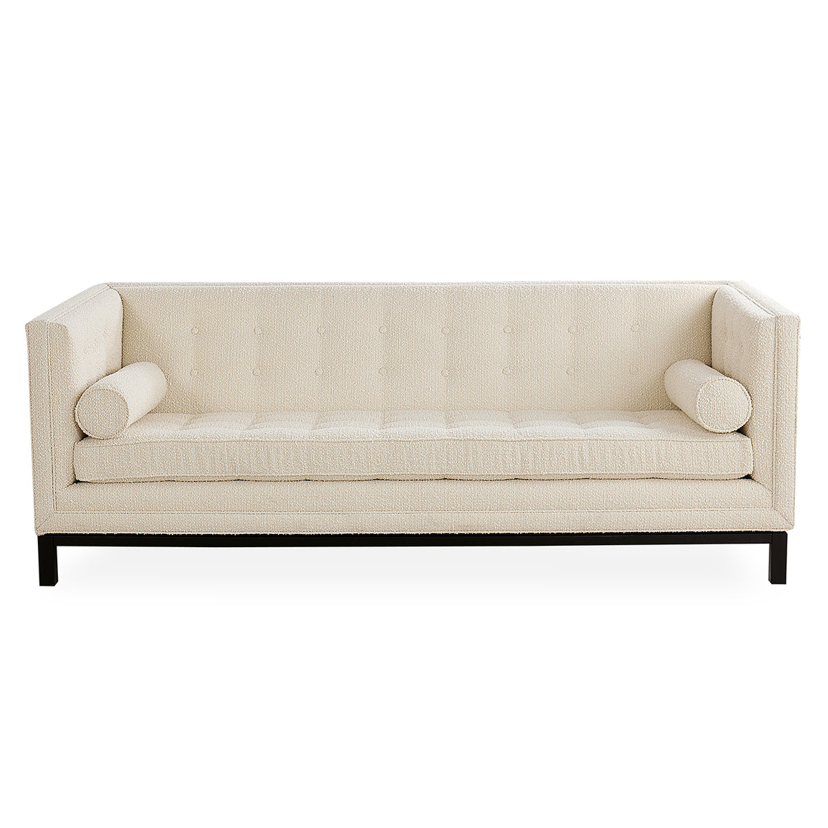 An off-white upholstered loveseat with tufted backrest, cylindrical bolsters, and a black metal frame, shown against a plain white background.