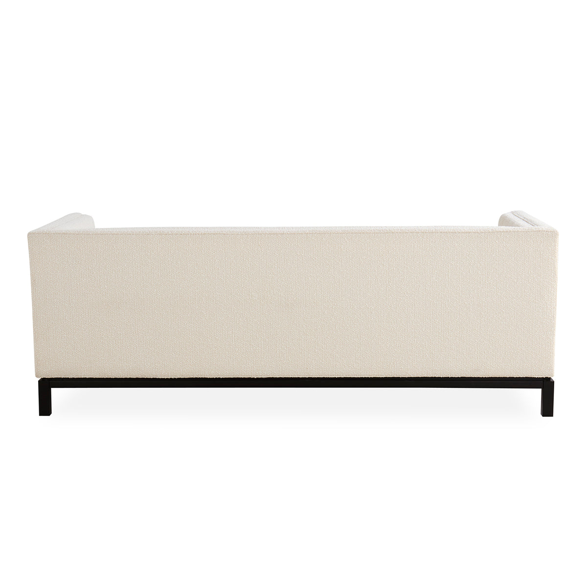 A modern upholstered sofa shown from the back, featuring a cream-colored textured fabric backrest and a low black metal frame, set against a plain white background.
