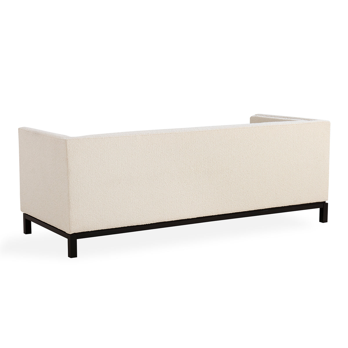 A modern rectangular sofa or chaise lounge with cream textured upholstery and a black metal frame, shown from a three-quarters angle on a white background.