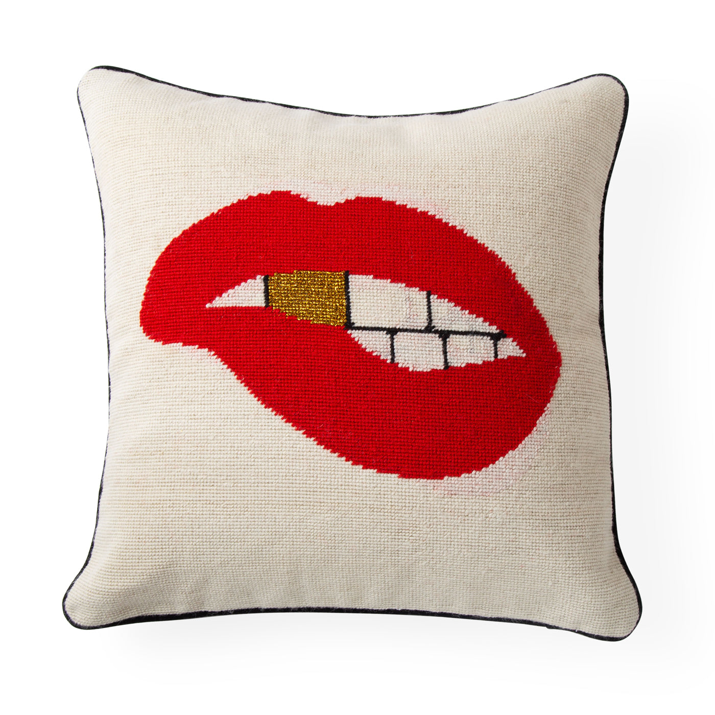 lips bitten needlepoint throw pillow wool red - front view