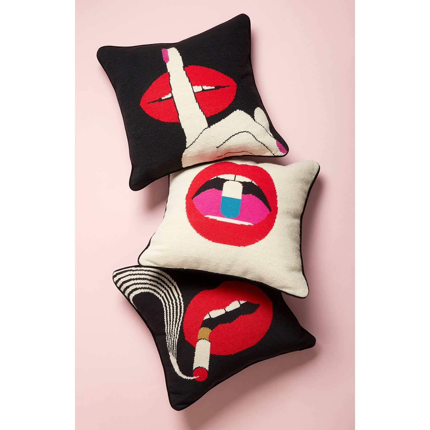 lips needlepoint pillow collection - styled view 3