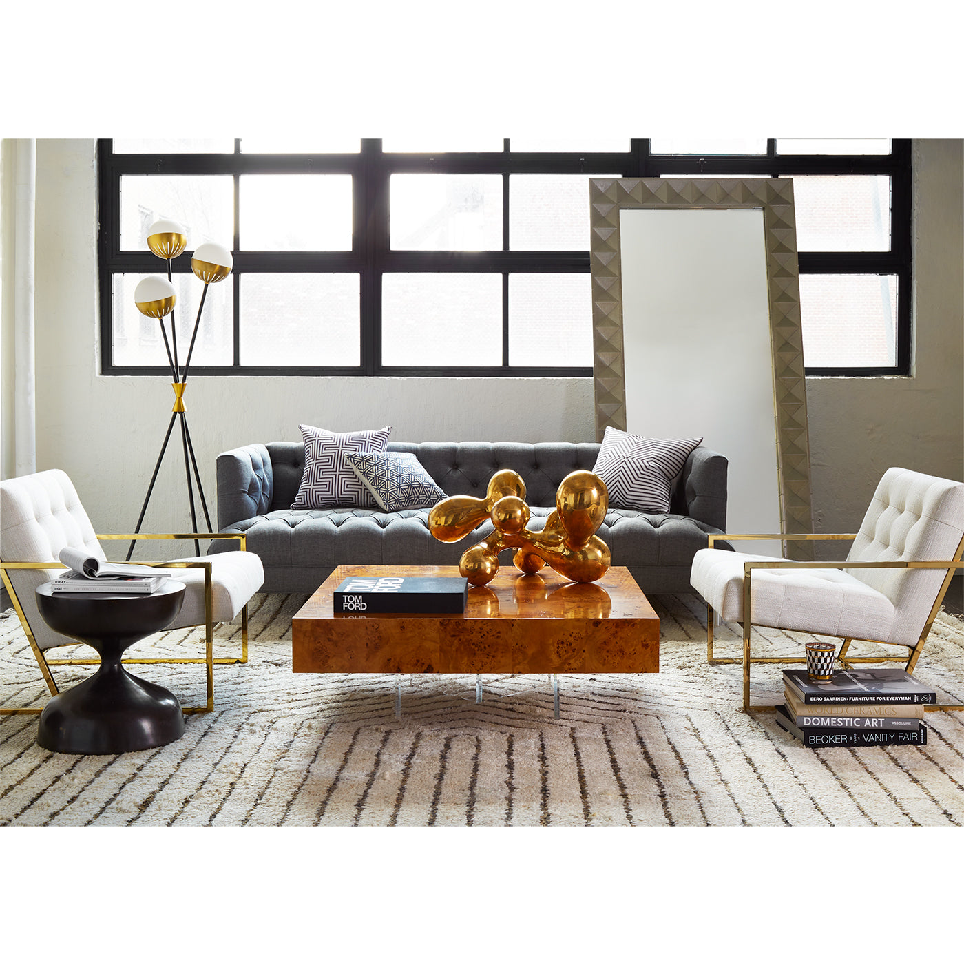 caracas tripod floor lamp baxter sofa bond cocktail table goldfinger lounge chairs - styled view