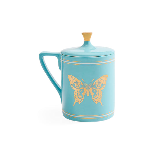 A light blue ceramic mug with a matching lid and gold butterfly design, set against a plain white background.