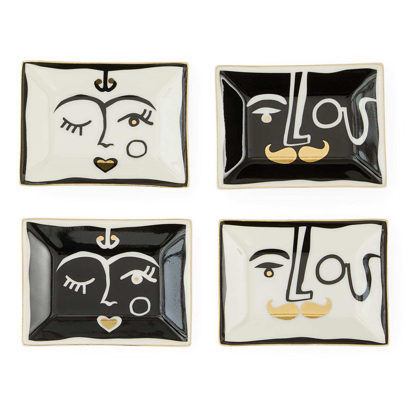 Four square ceramic dishes with artistic face designs on a white background