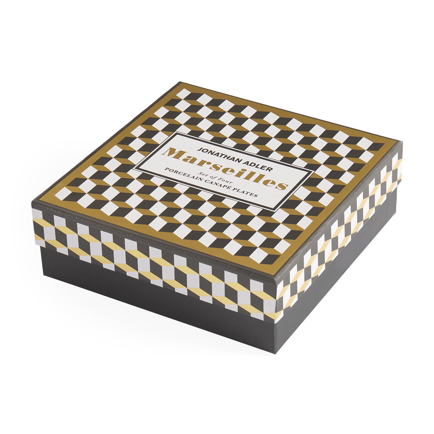 Decorative box with checkered pattern and 'Jonathan Adler Marseilles' branding on a white background
