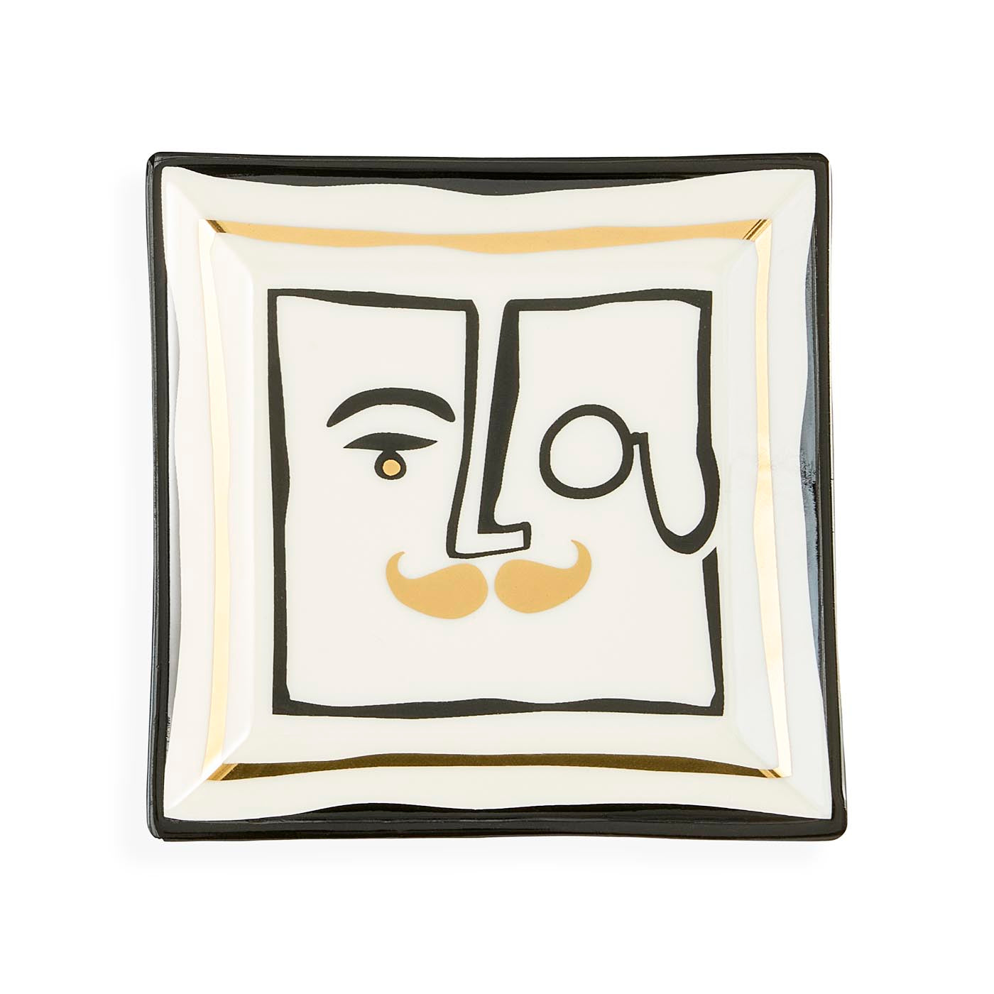 Square ceramic dish with abstract face design on a white background