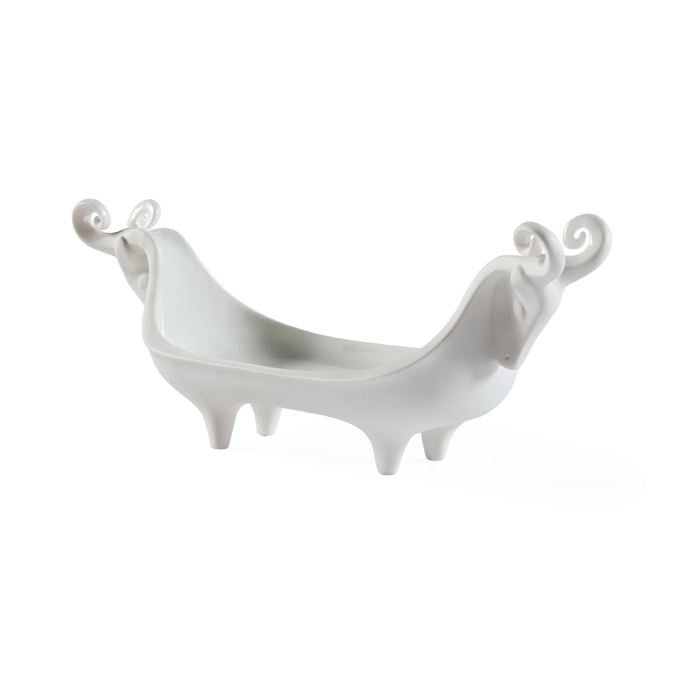 White decorative object resembling a stylized horse on a white background