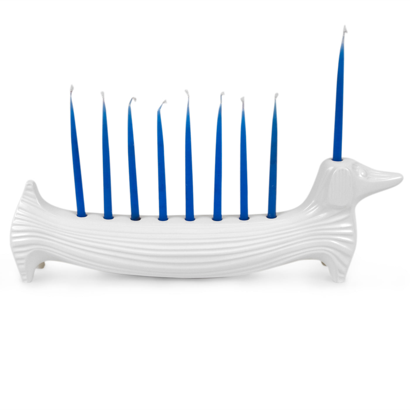 ceramic dachshund menorah white with blue candles - front view