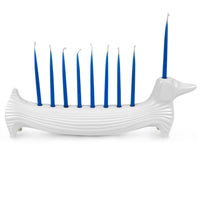 ceramic dachshund menorah white with blue candles - front view