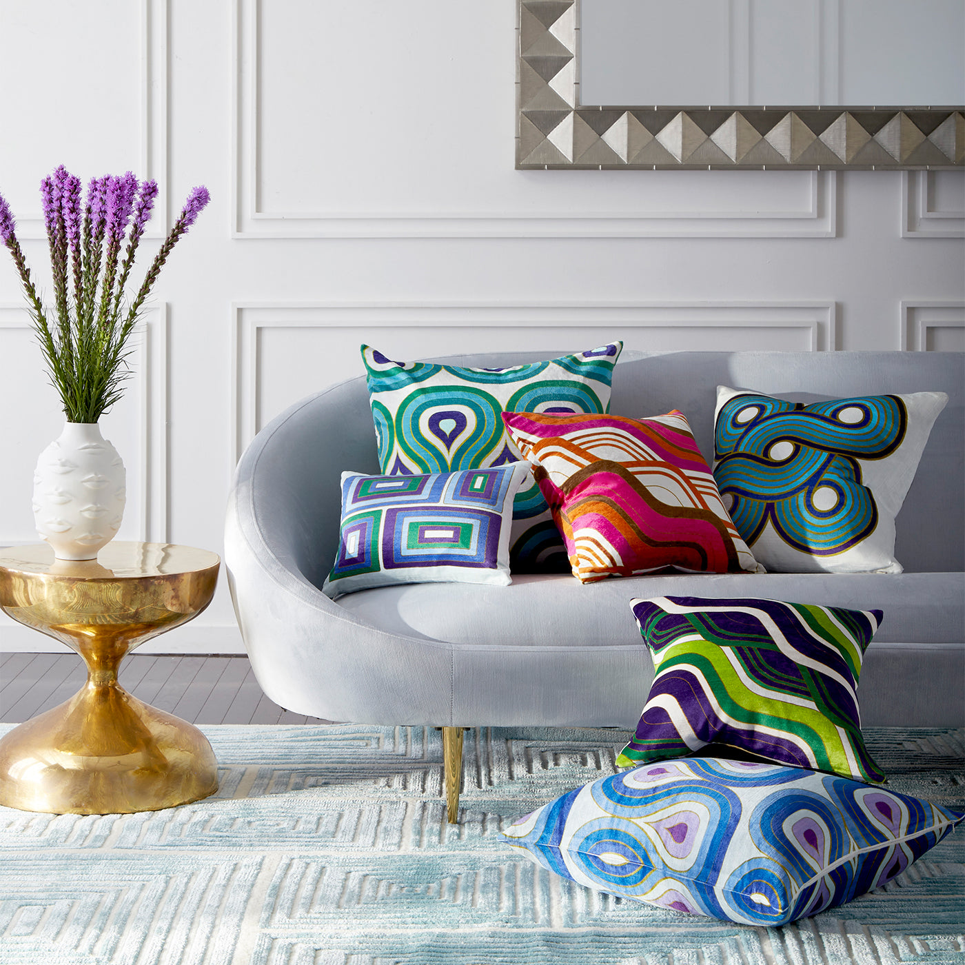 gala round vase ether sofa milano pillows - styled view