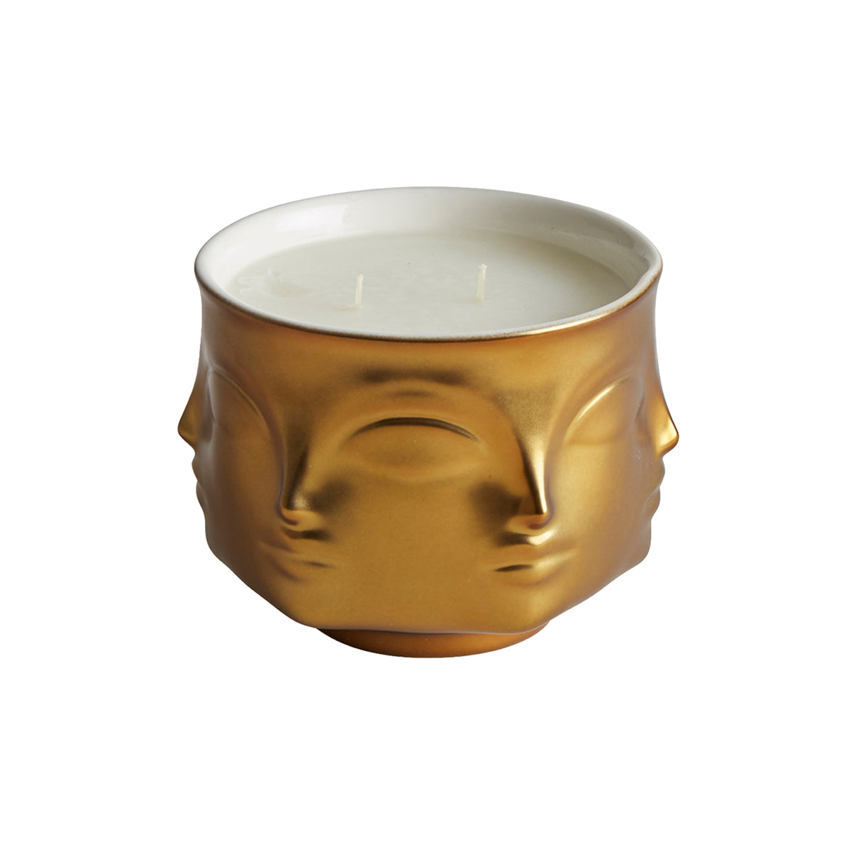 porcelain candle with gold exterior; two wick; face shaped ; unlit 