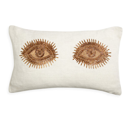 muse eyes throw pillow linen white glass beads gold - front view