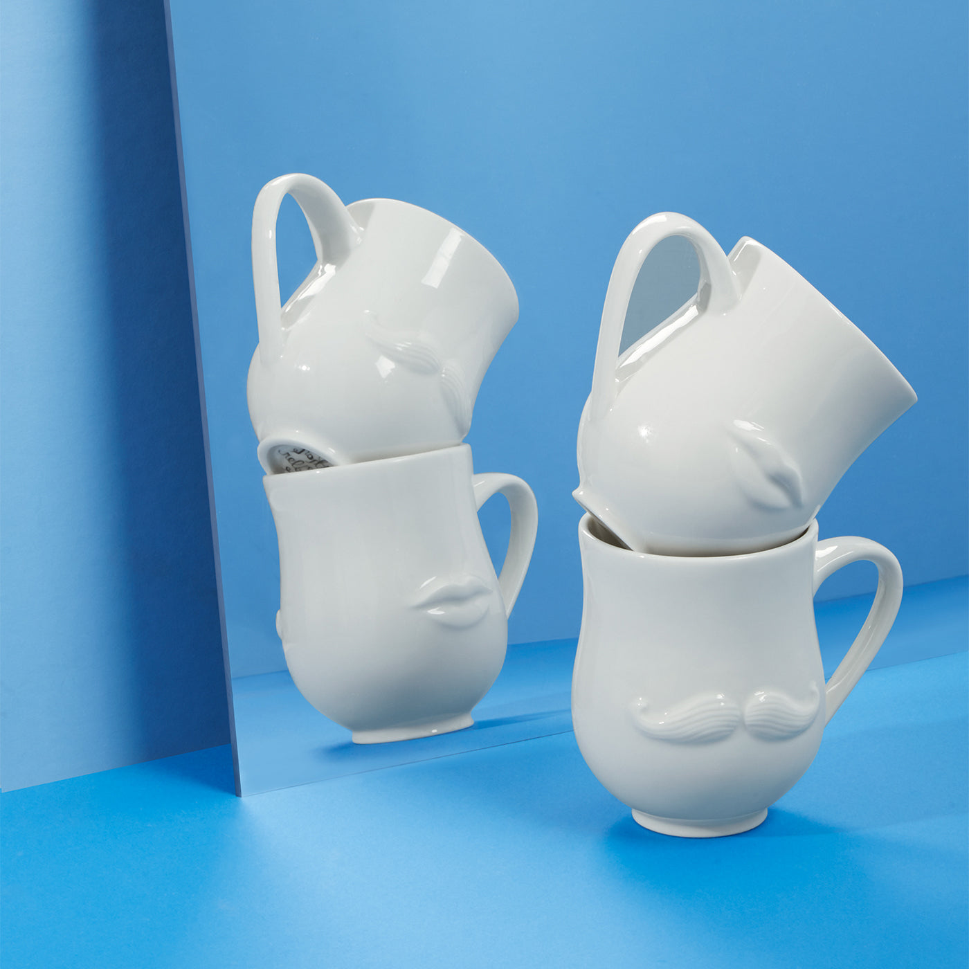 mr. and mrs. muse reversible mug blue background - styled view