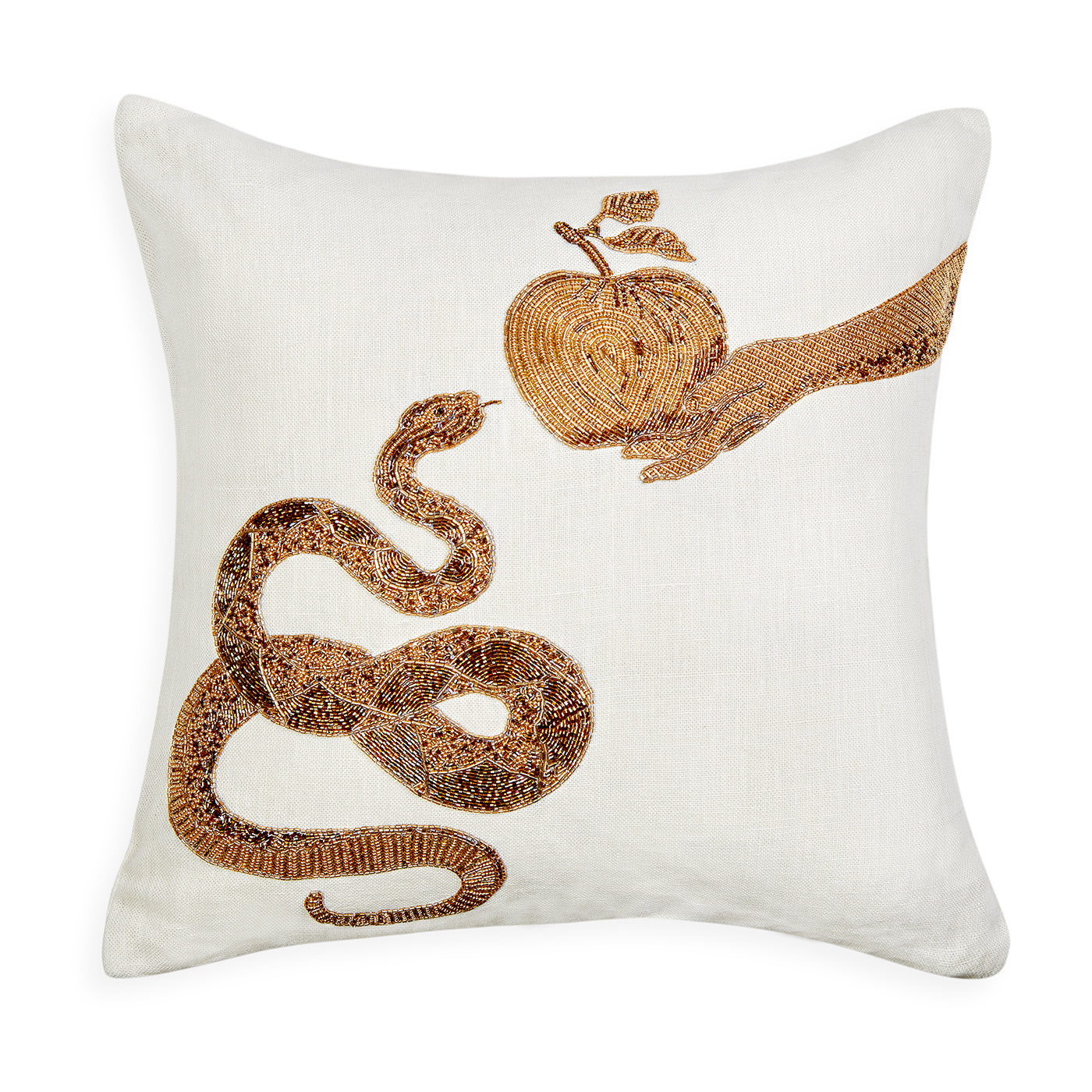 muse snake & apple throw pillow linen white glass beads gold - front view