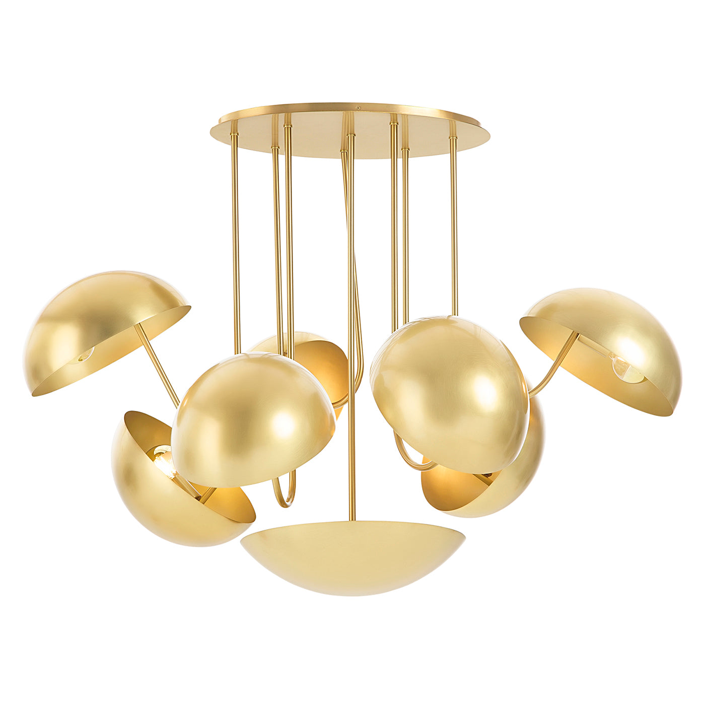 Gold ceiling light fixture with multiple spherical lampshades on a white background