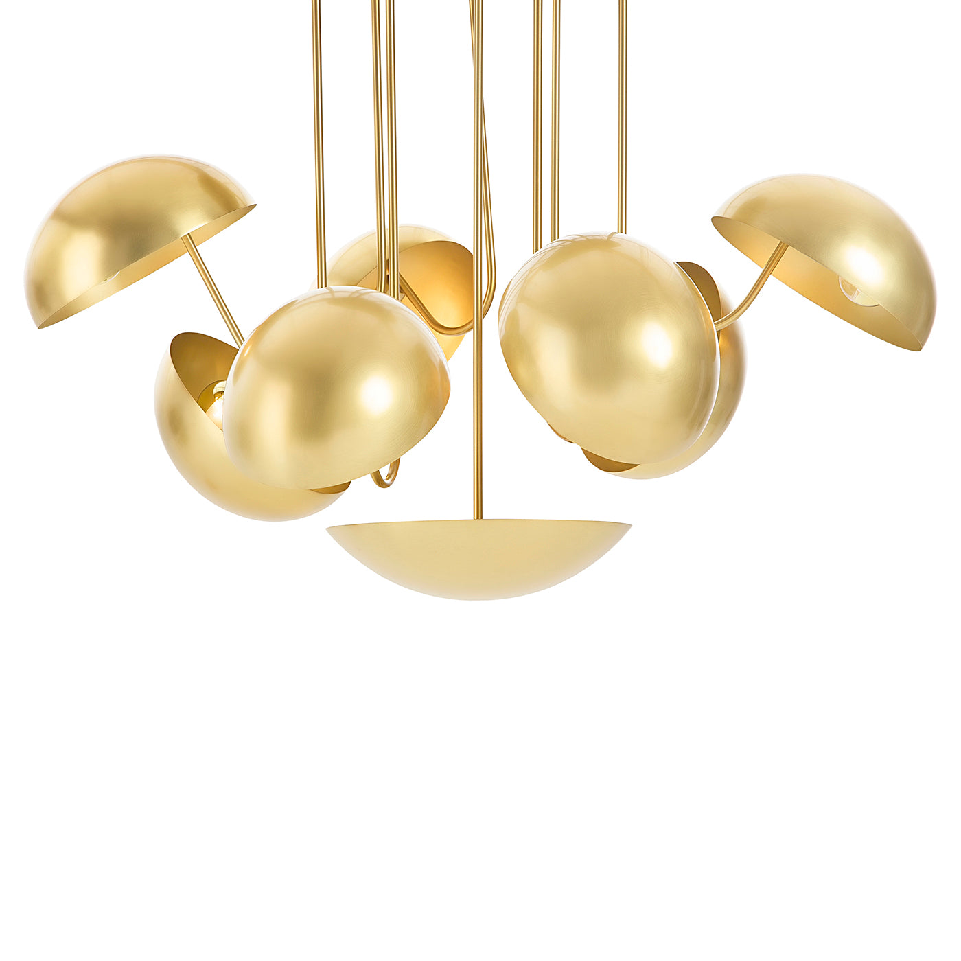 Gold chandelier with multiple lampshades on a white background