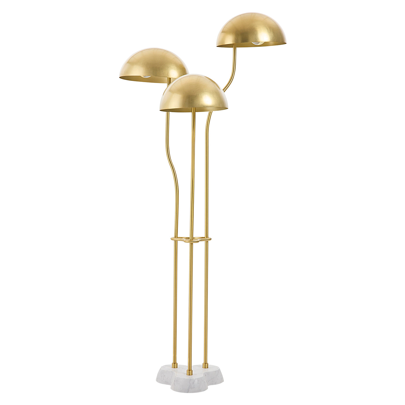 Gold floor lamp with three lampshades on a white background