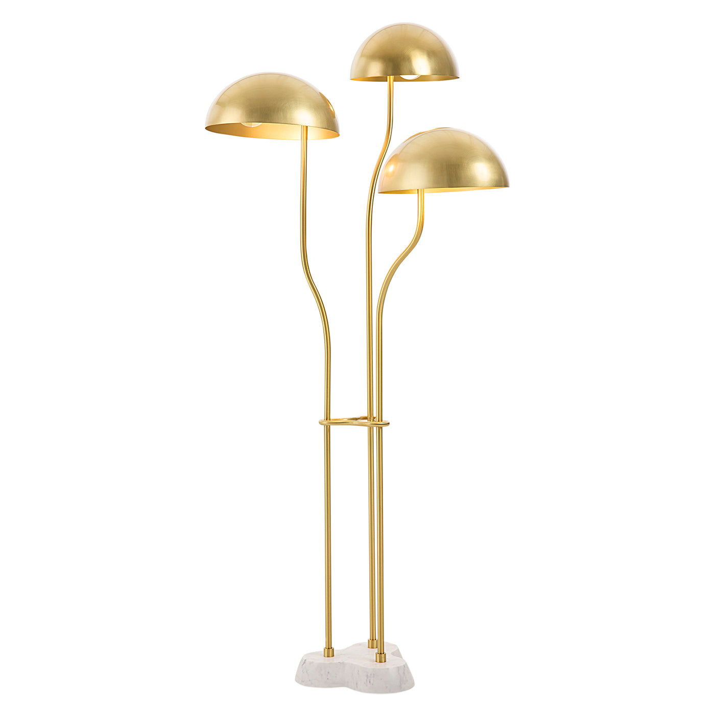 Gold floor lamp with three lampshades on a white background