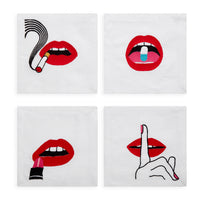 lips cocktail napkins cotton linen red black - front view