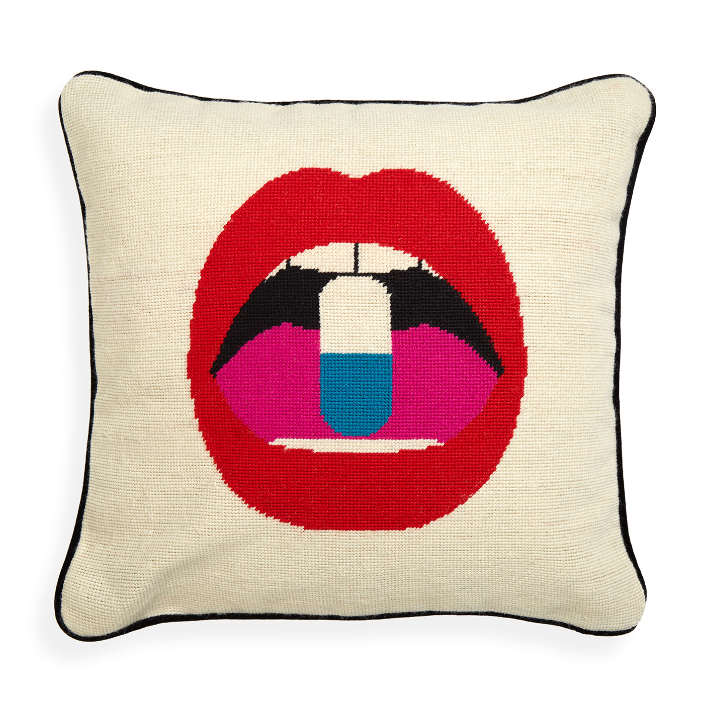 lips full dose needlepoint throw pillow wool red white blue - front view