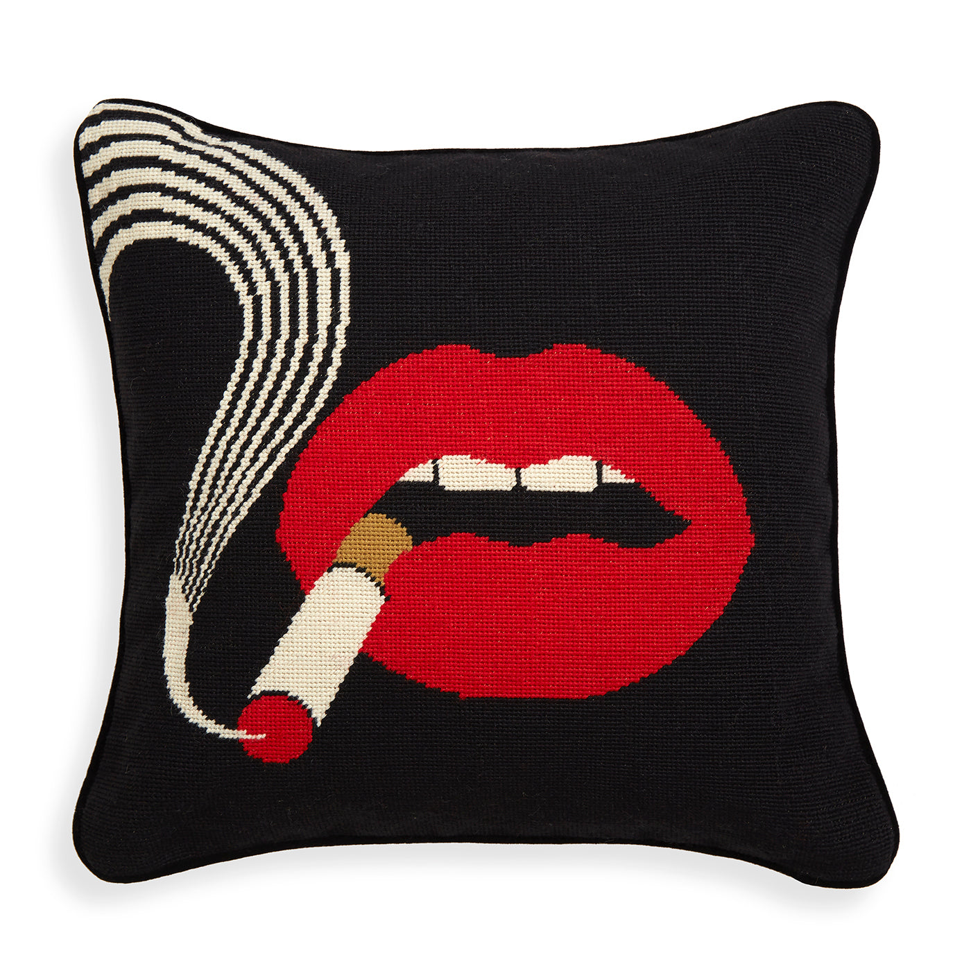 lips smolder needlepoint throw pillow wool red white blue - front view
