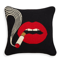lips smolder needlepoint throw pillow wool red white blue - front view