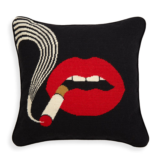 lips smolder needlepoint throw pillow wool red white blue - front view