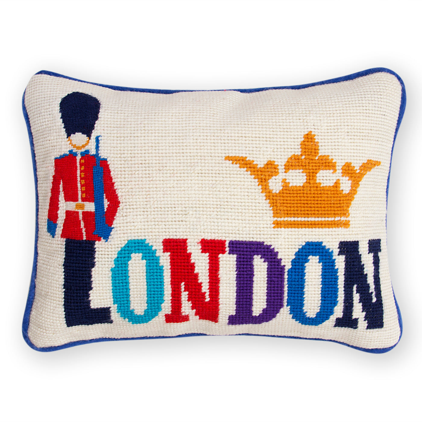 jet set london pillow wool needlepoint multicolor velvet navy back - front view