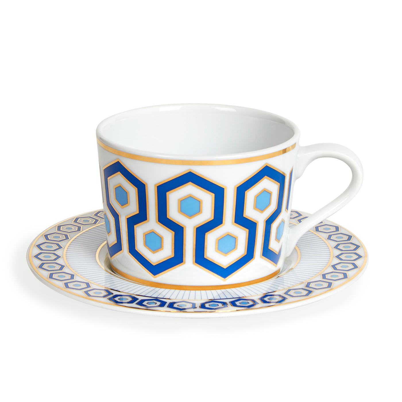 newport tea cup and saucer porcelain blue white gold - front view