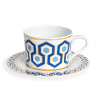 newport tea cup and saucer porcelain blue white gold - front view