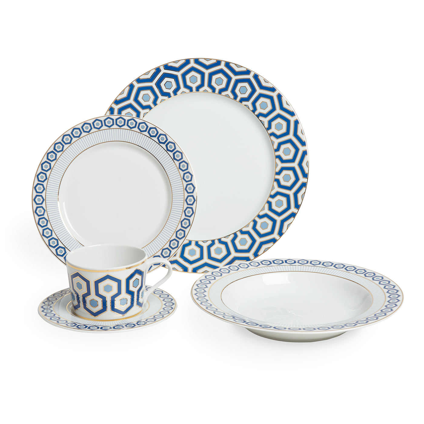 newport five-piece dinner set porcelain blue white gold - front view