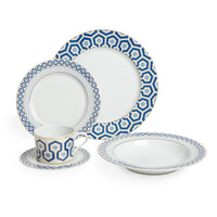 newport five-piece dinner set porcelain blue white gold - front view