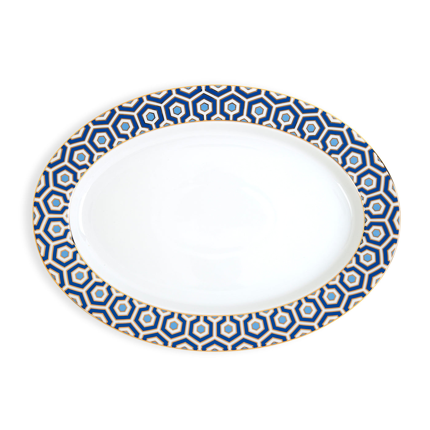 newport serving platter porcelain blue white gold - front view