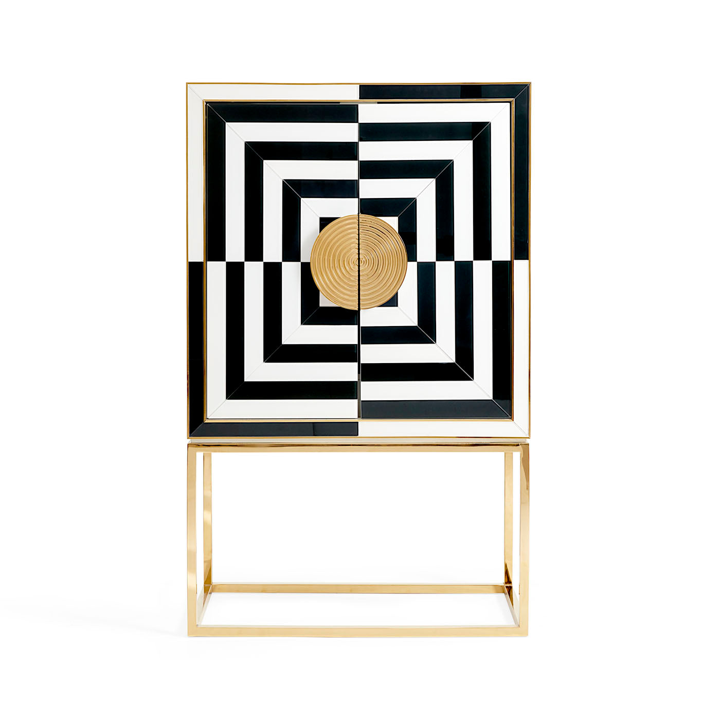 op art bar back-painted black and white glass brass frame and handles - front view