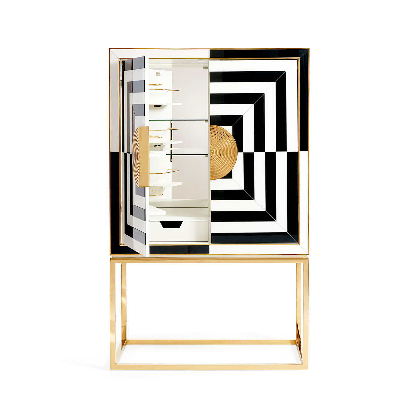 op art bar back-painted black and white glass brass frame front view