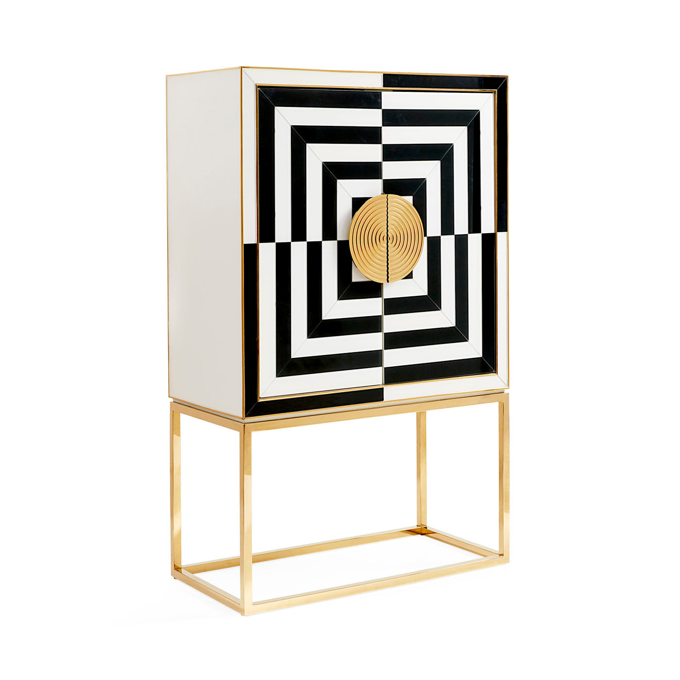 op art bar back-painted black and white glass brass frame angle view