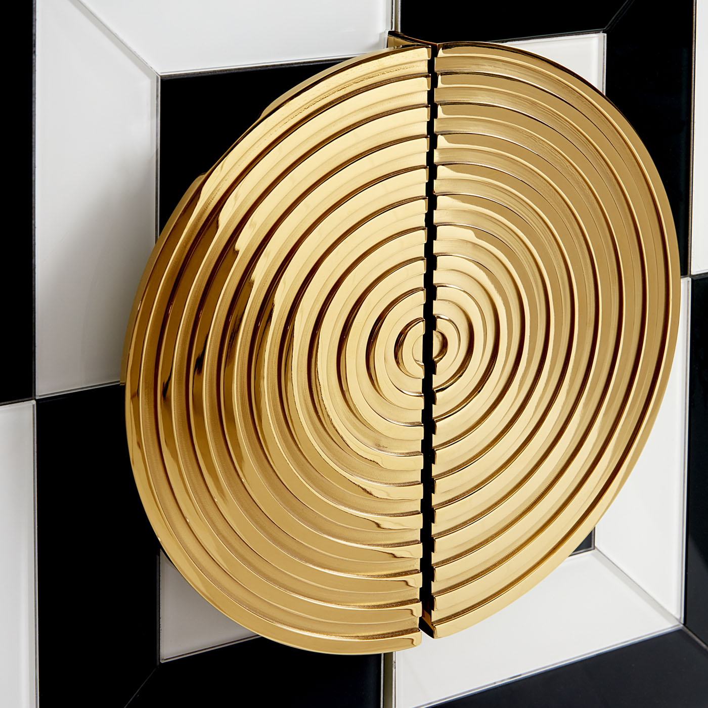 op art bar back-painted black and white glass brass frame and handles - detail view