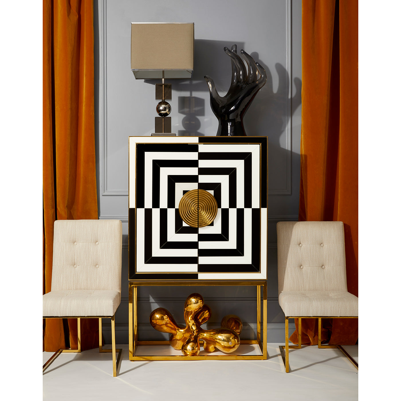 op art bar goldfinger dining chairs giant brass orb - styled view