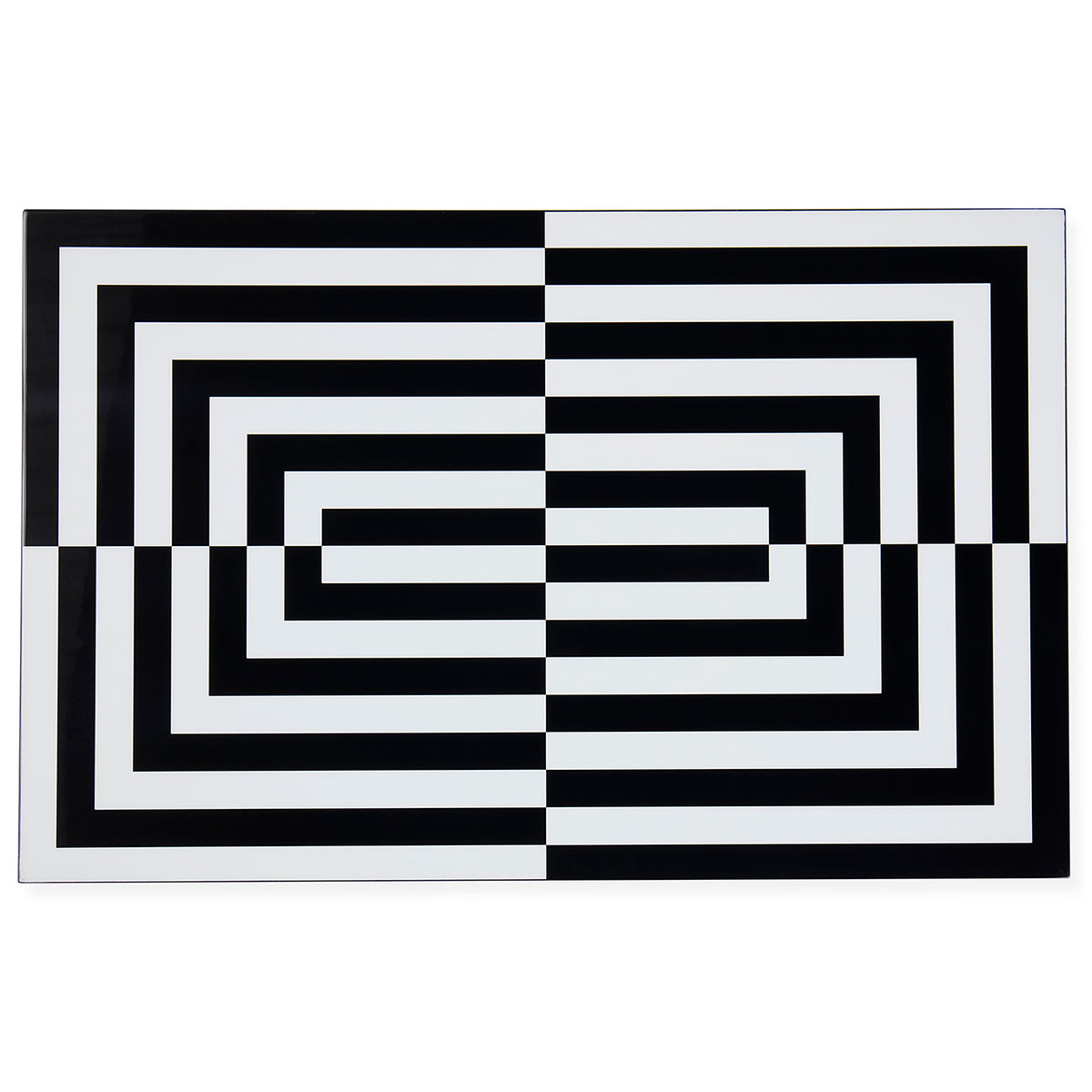 A rectangular black and white geometric patterned tile or mat shown against a plain white background.