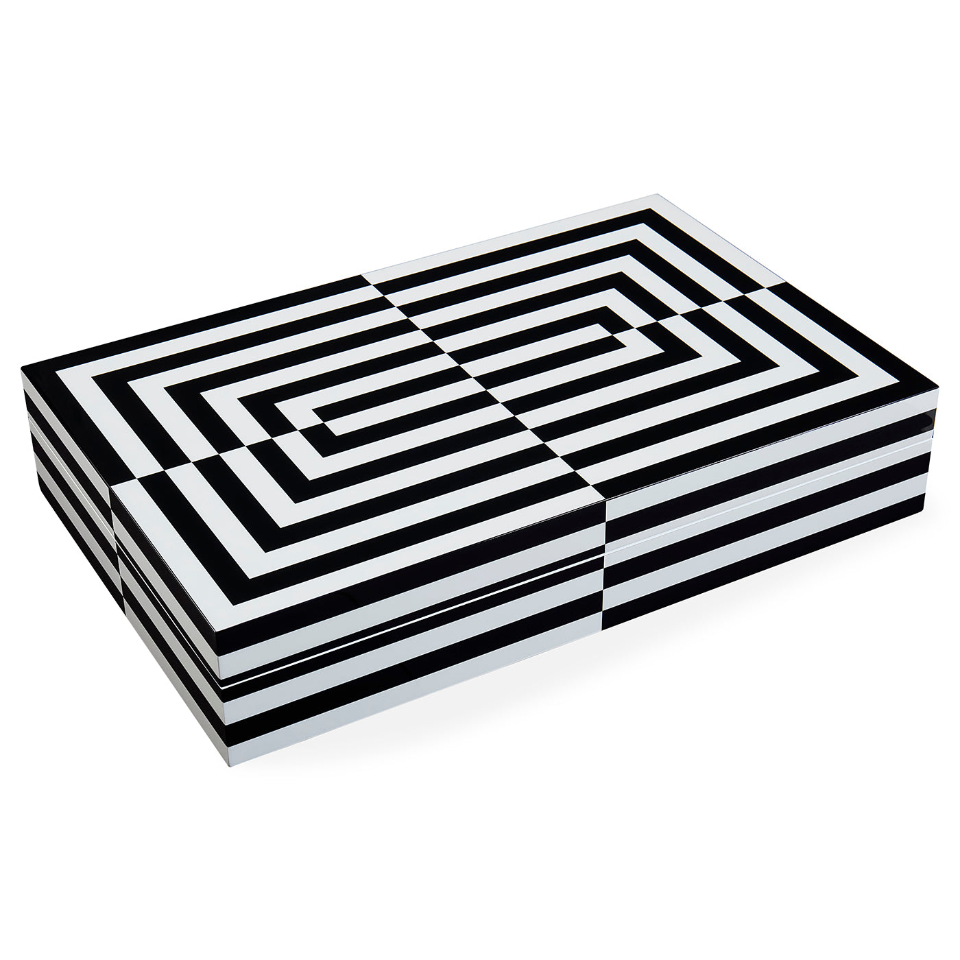 A rectangular box with a bold black and white geometric maze-like stripe pattern, shown on a clean white background.