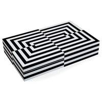 A rectangular box with a bold black and white geometric maze-like stripe pattern, shown on a clean white background.