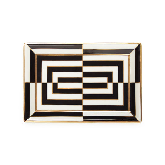 op art rectangle tray porcelain black white accents gold - top view