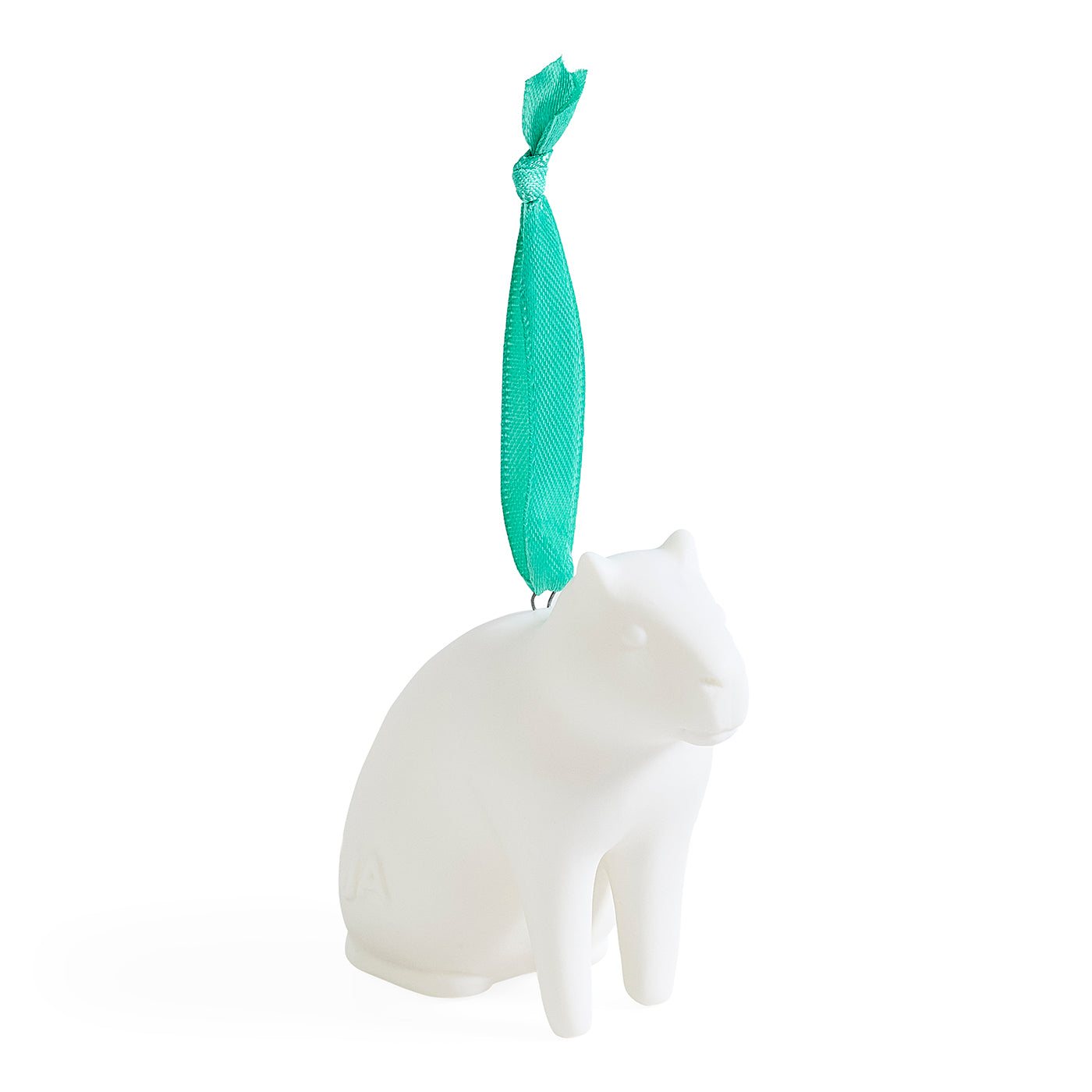 A white cat-shaped ornament with a small teal ribbon loop at the top, shown on a plain white background.